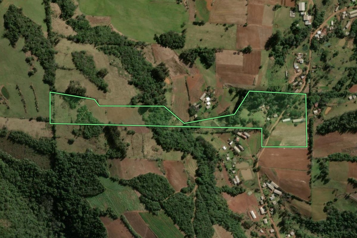 Imagem de satélite do imóvel rural em Jaguari (RS), com o contorno declarado no CAR desenhado por cima.