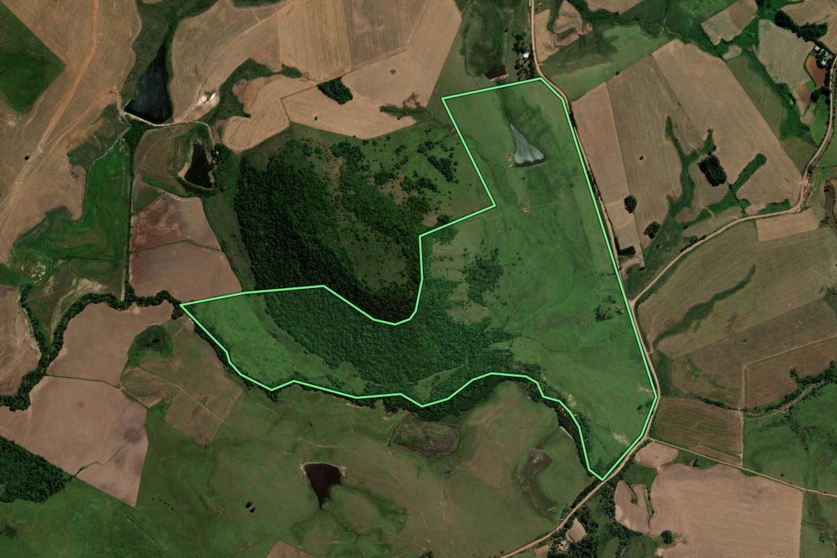 Imagem de satélite do imóvel rural em Jaguari (RS), com o contorno declarado no CAR desenhado por cima.