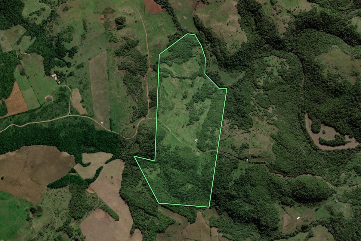Imagem de satélite do imóvel rural em Jaguari (RS), com o contorno declarado no CAR desenhado por cima.