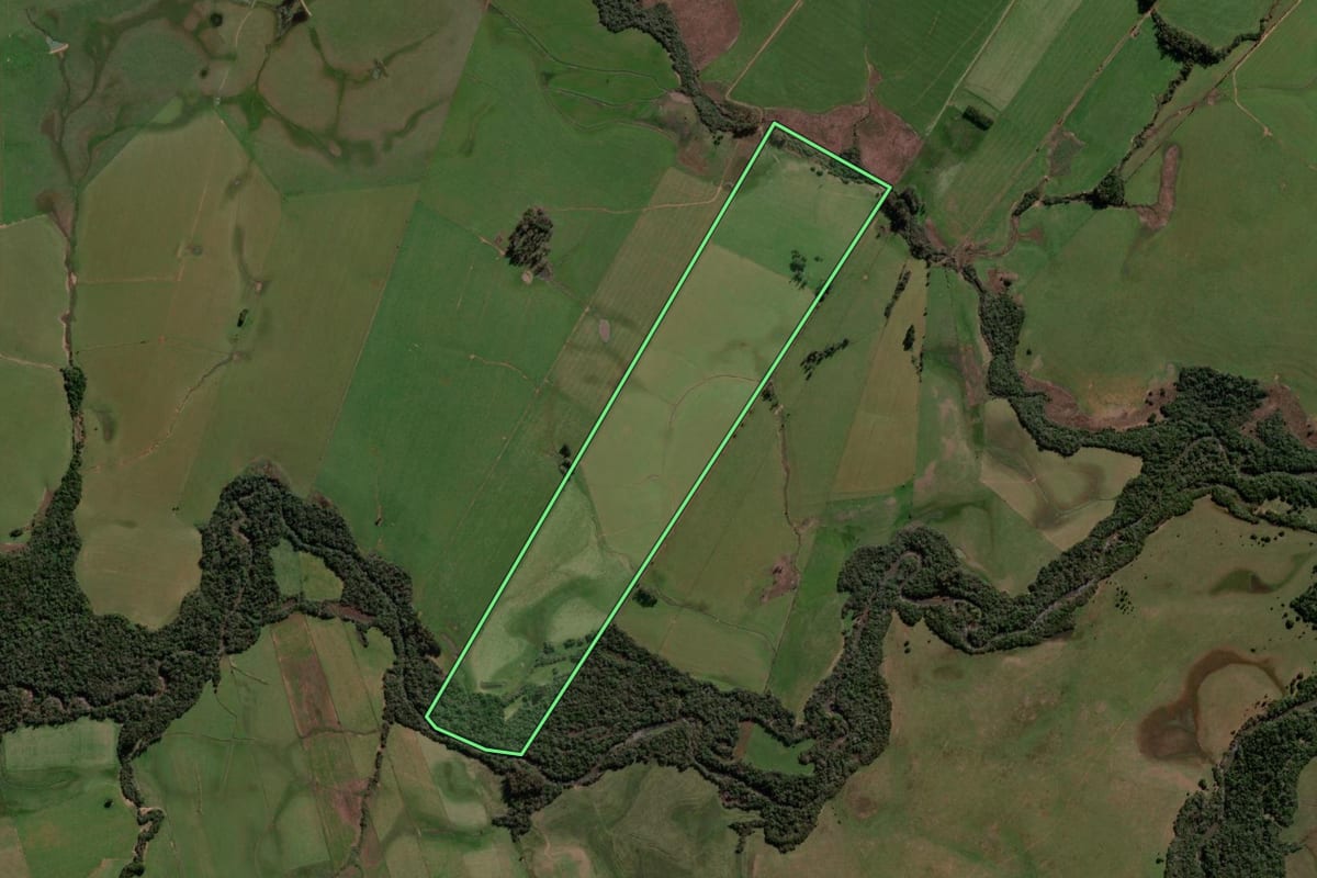 Imagem de satélite do imóvel rural em Jaguari (RS), com o contorno declarado no CAR desenhado por cima.