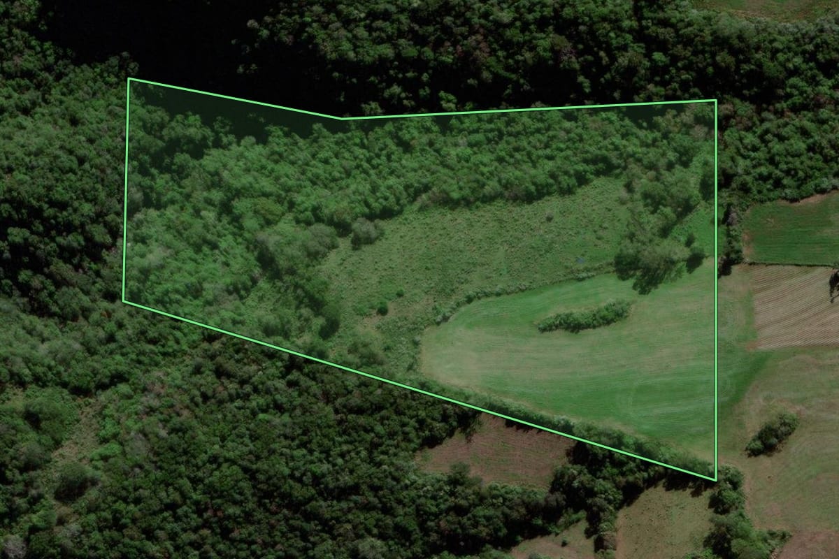 Imagem de satélite do imóvel rural em Jaguari (RS), com o contorno declarado no CAR desenhado por cima.