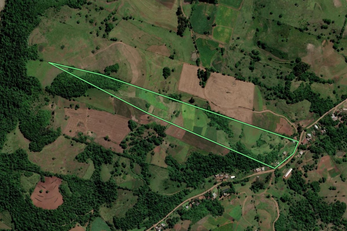 Imagem de satélite do imóvel rural em Jaguari (RS), com o contorno declarado no CAR desenhado por cima.