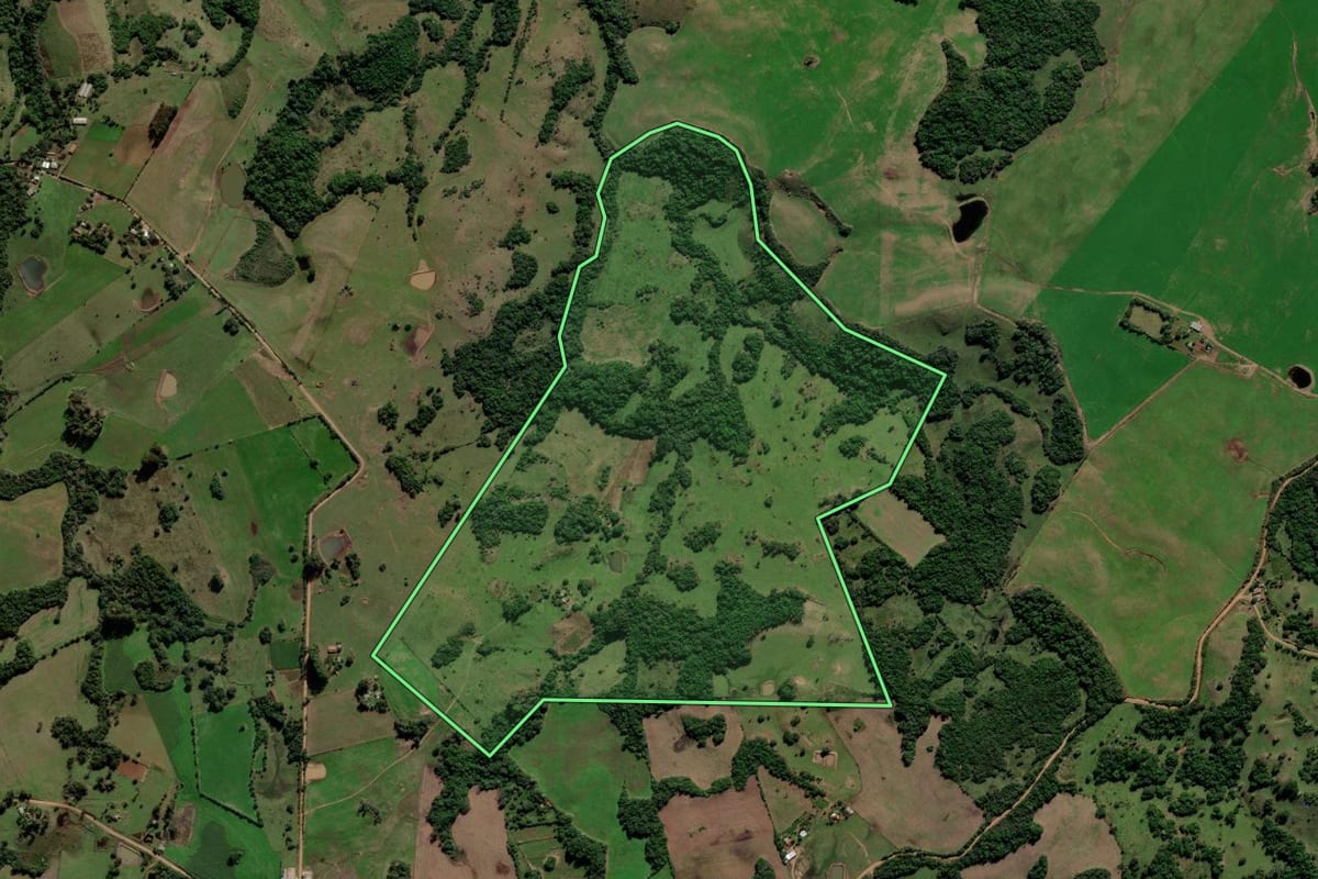 Imagem de satélite do imóvel rural em Jaguari (RS), com o contorno declarado no CAR desenhado por cima.