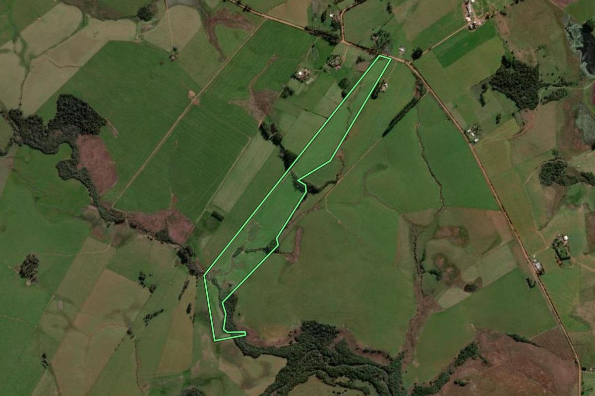 Imagem de satélite do imóvel rural em Jaguari (RS), com o contorno declarado no CAR desenhado por cima.