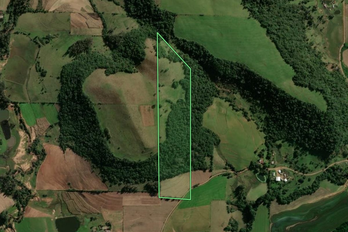 Imagem de satélite do imóvel rural em Jaguari (RS), com o contorno declarado no CAR desenhado por cima.