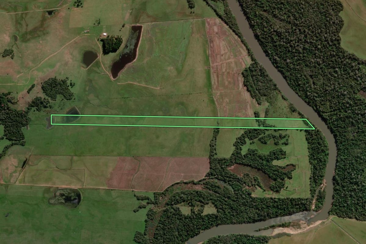 Imagem de satélite do imóvel rural em Jaguari (RS), com o contorno declarado no CAR desenhado por cima.
