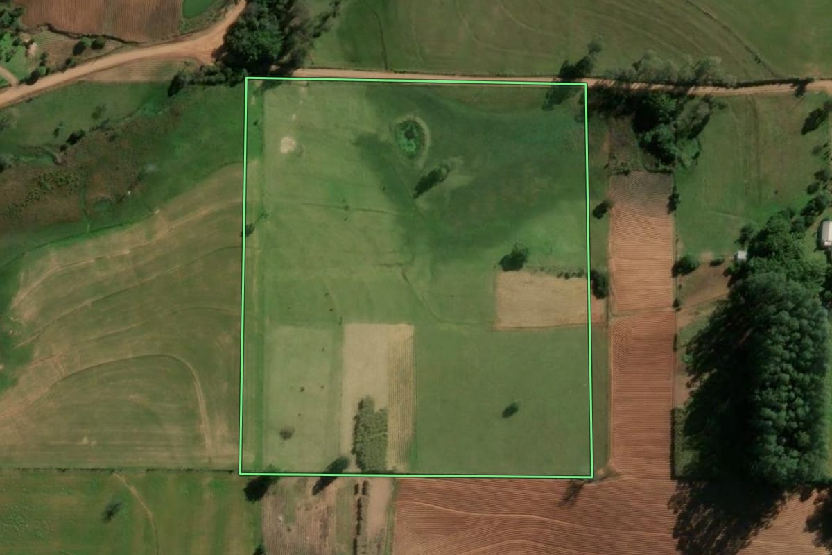 Imagem de satélite do imóvel rural em Jaguari (RS), com o contorno declarado no CAR desenhado por cima.