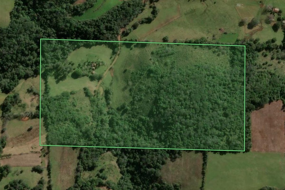 Imagem de satélite do imóvel rural em Jaguari (RS), com o contorno declarado no CAR desenhado por cima.