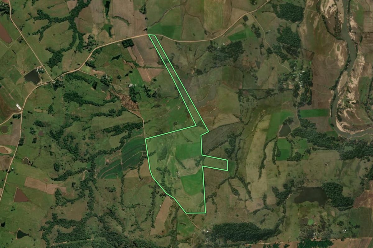 Imagem de satélite do imóvel rural em Jaguari (RS), com o contorno declarado no CAR desenhado por cima.