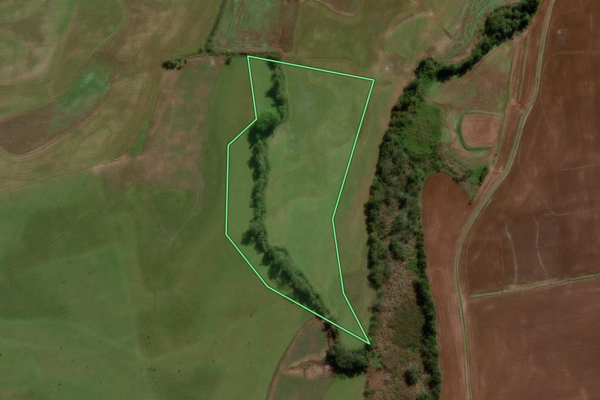 Imagem de satélite do imóvel rural em Jaguari (RS), com o contorno declarado no CAR desenhado por cima.