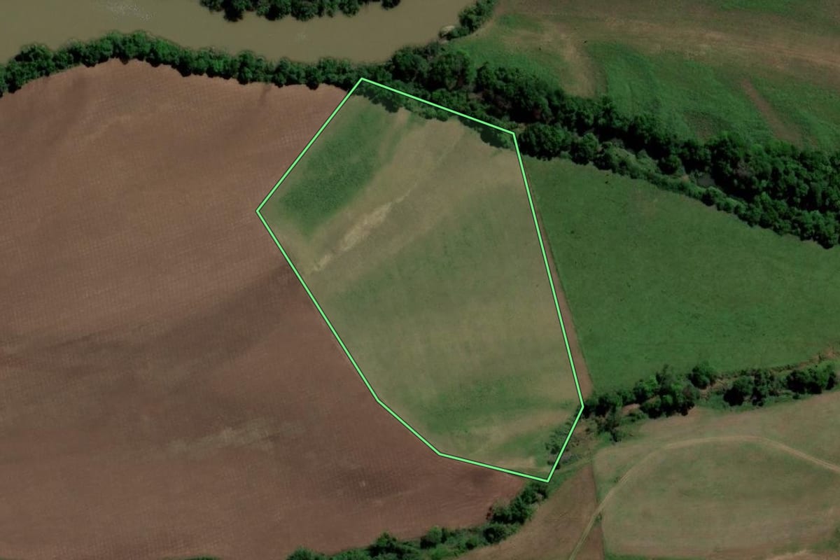 Imagem de satélite do imóvel rural em Jaguari (RS), com o contorno declarado no CAR desenhado por cima.