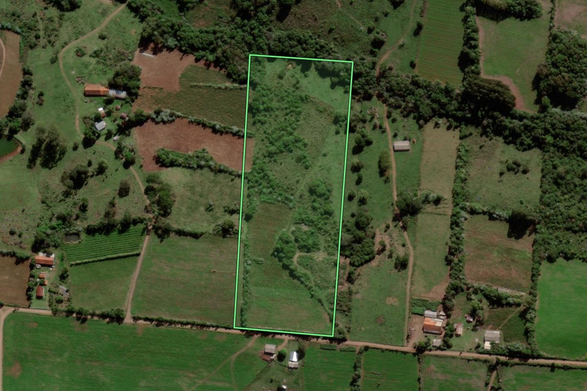 Imagem de satélite do imóvel rural em Jaguari (RS), com o contorno declarado no CAR desenhado por cima.