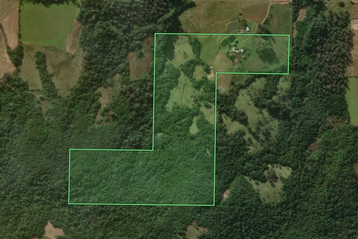 Imagem de satélite do imóvel rural em Jaguari (RS), com o contorno declarado no CAR desenhado por cima.