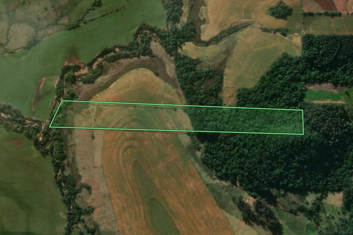 Imagem de satélite do imóvel rural em Jaguari (RS), com o contorno declarado no CAR desenhado por cima.