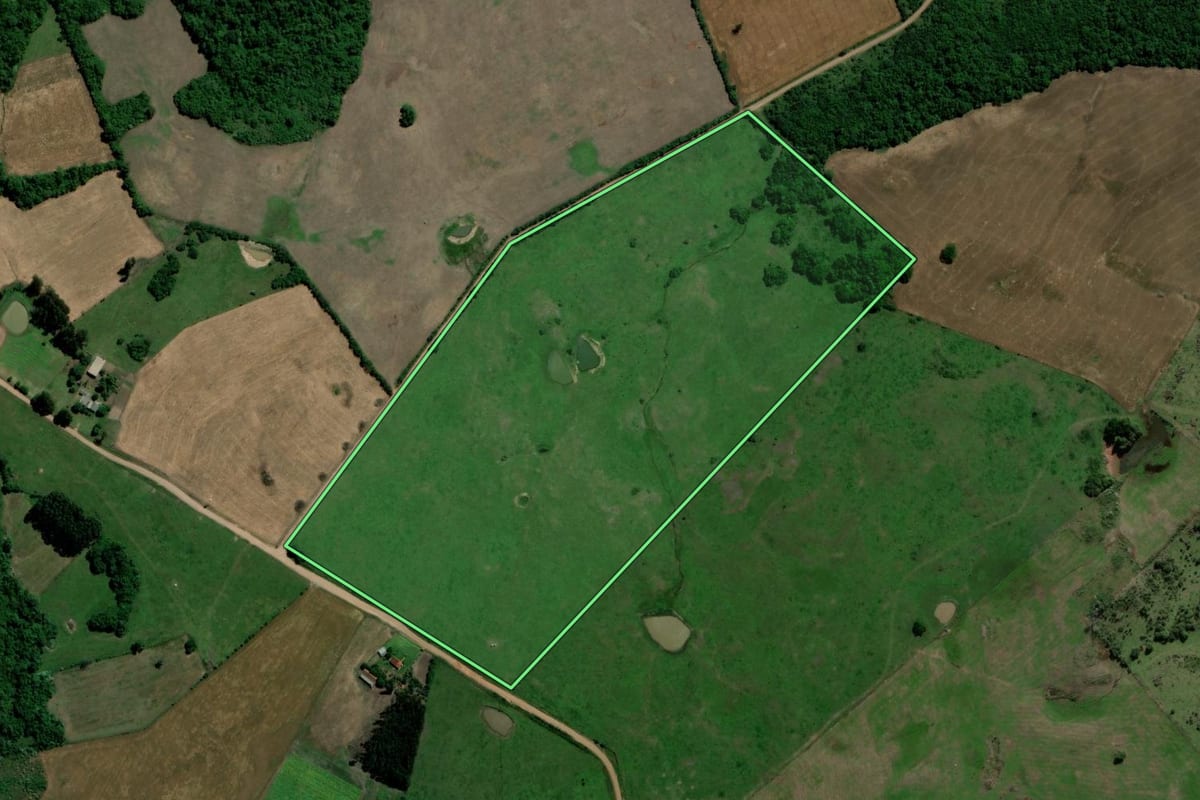 Imagem de satélite do imóvel rural em Jaguari (RS), com o contorno declarado no CAR desenhado por cima.