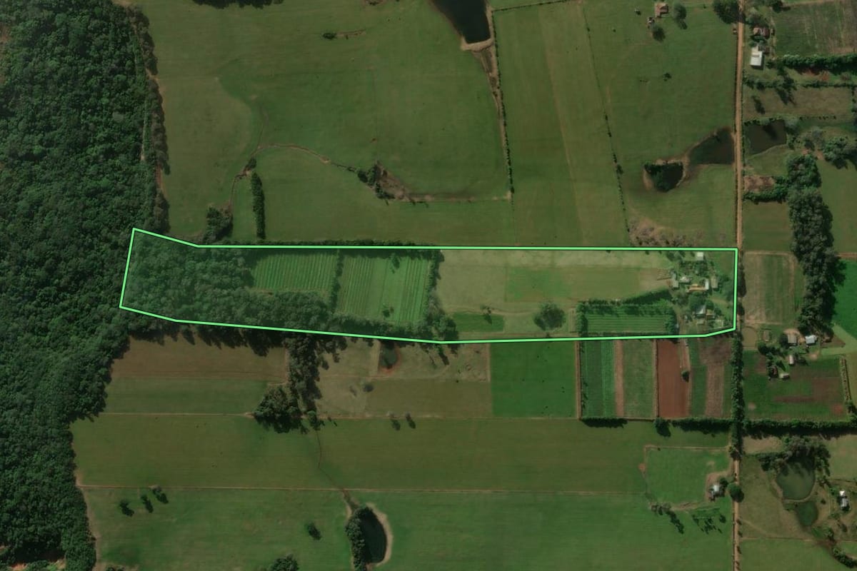 Imagem de satélite do imóvel rural em Jaguari (RS), com o contorno declarado no CAR desenhado por cima.