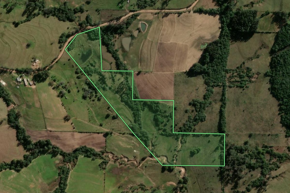 Imagem de satélite do imóvel rural em Jaguari (RS), com o contorno declarado no CAR desenhado por cima.