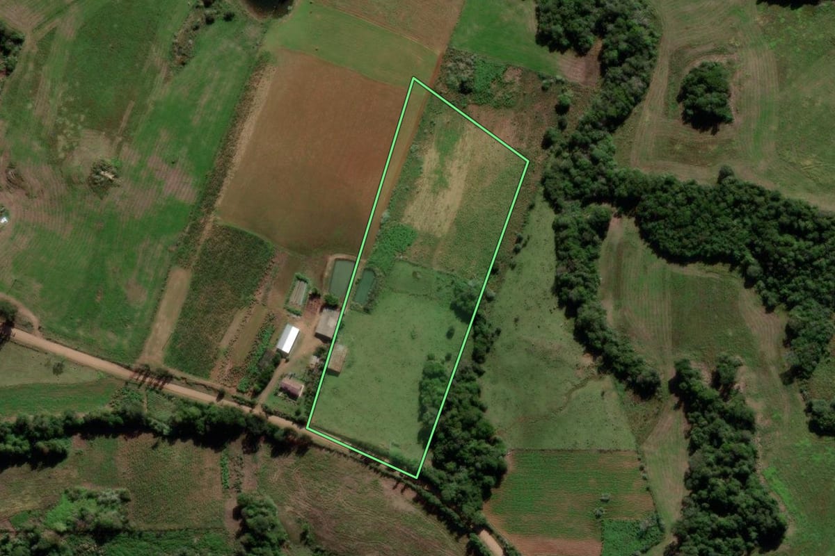 Imagem de satélite do imóvel rural em Jaguari (RS), com o contorno declarado no CAR desenhado por cima.