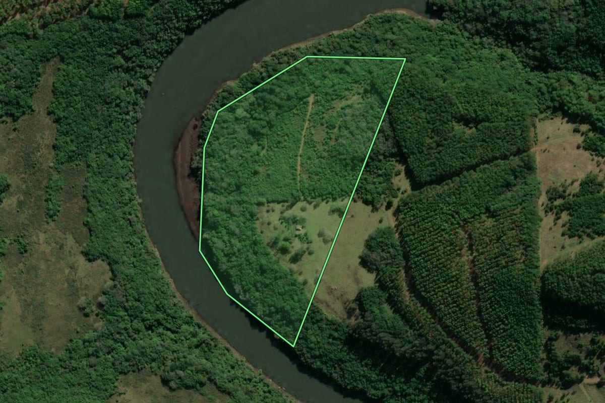 Imagem de satélite do imóvel rural em Jaquirana (RS), com o contorno declarado no CAR desenhado por cima.