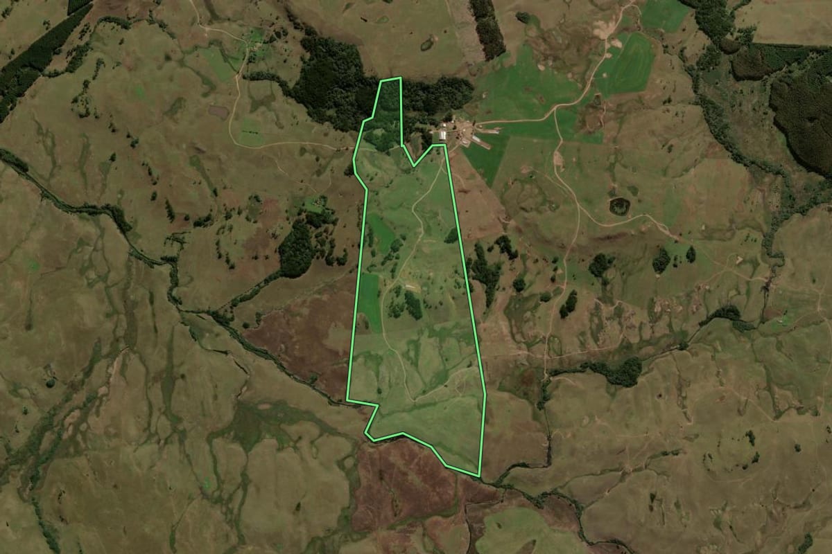 Imagem de satélite do imóvel rural em Jaquirana (RS), com o contorno declarado no CAR desenhado por cima.