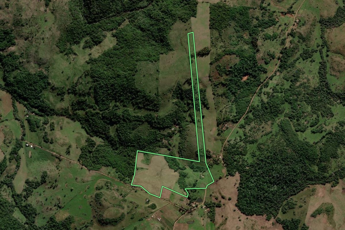 Imagem de satélite do imóvel rural em Jari (RS), com o contorno declarado no CAR desenhado por cima.