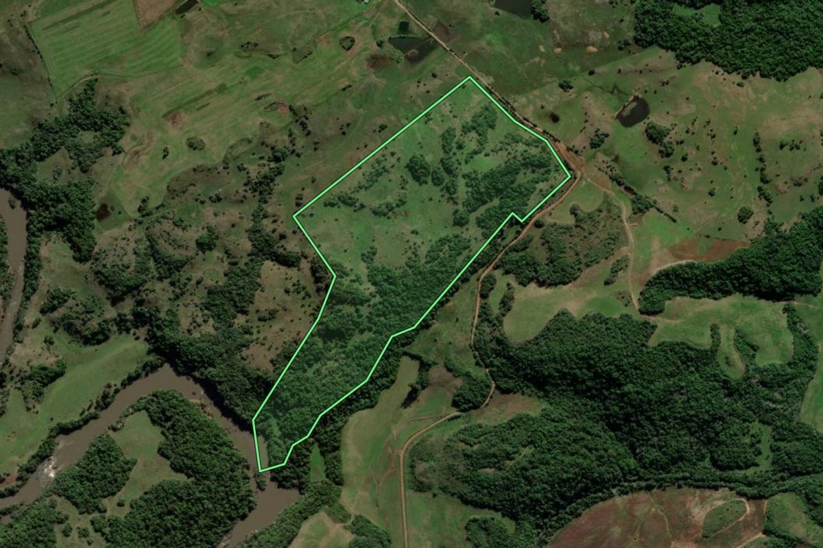 Imagem de satélite do imóvel rural em Jari (RS), com o contorno declarado no CAR desenhado por cima.