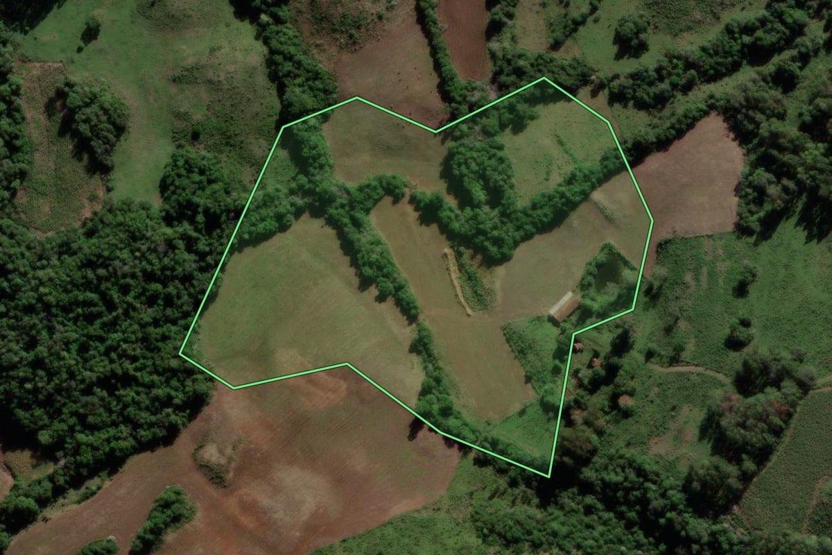 Imagem de satélite do imóvel rural em Jari (RS), com o contorno declarado no CAR desenhado por cima.