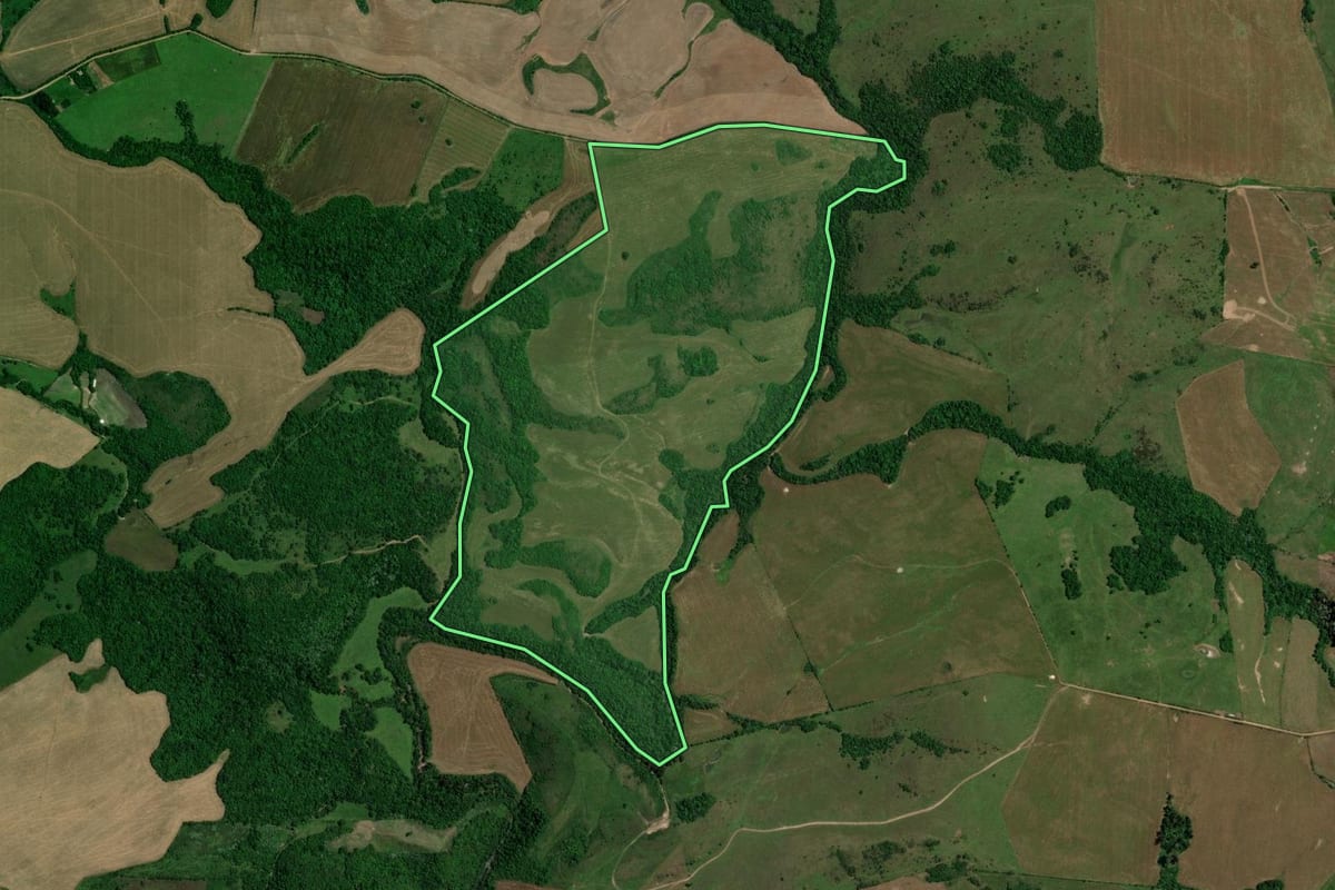 Imagem de satélite do imóvel rural em Jari (RS), com o contorno declarado no CAR desenhado por cima.