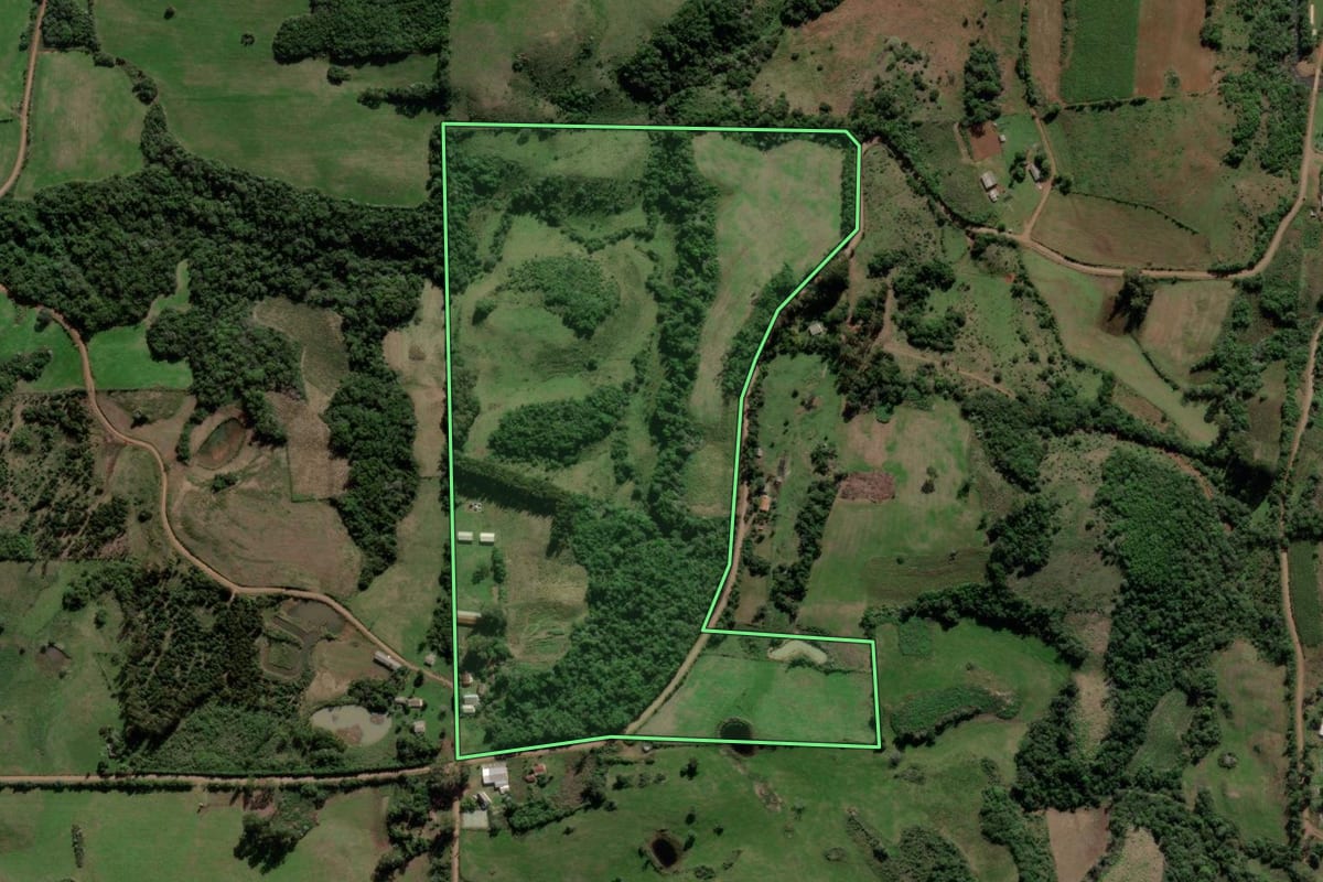 Imagem de satélite do imóvel rural em Jari (RS), com o contorno declarado no CAR desenhado por cima.