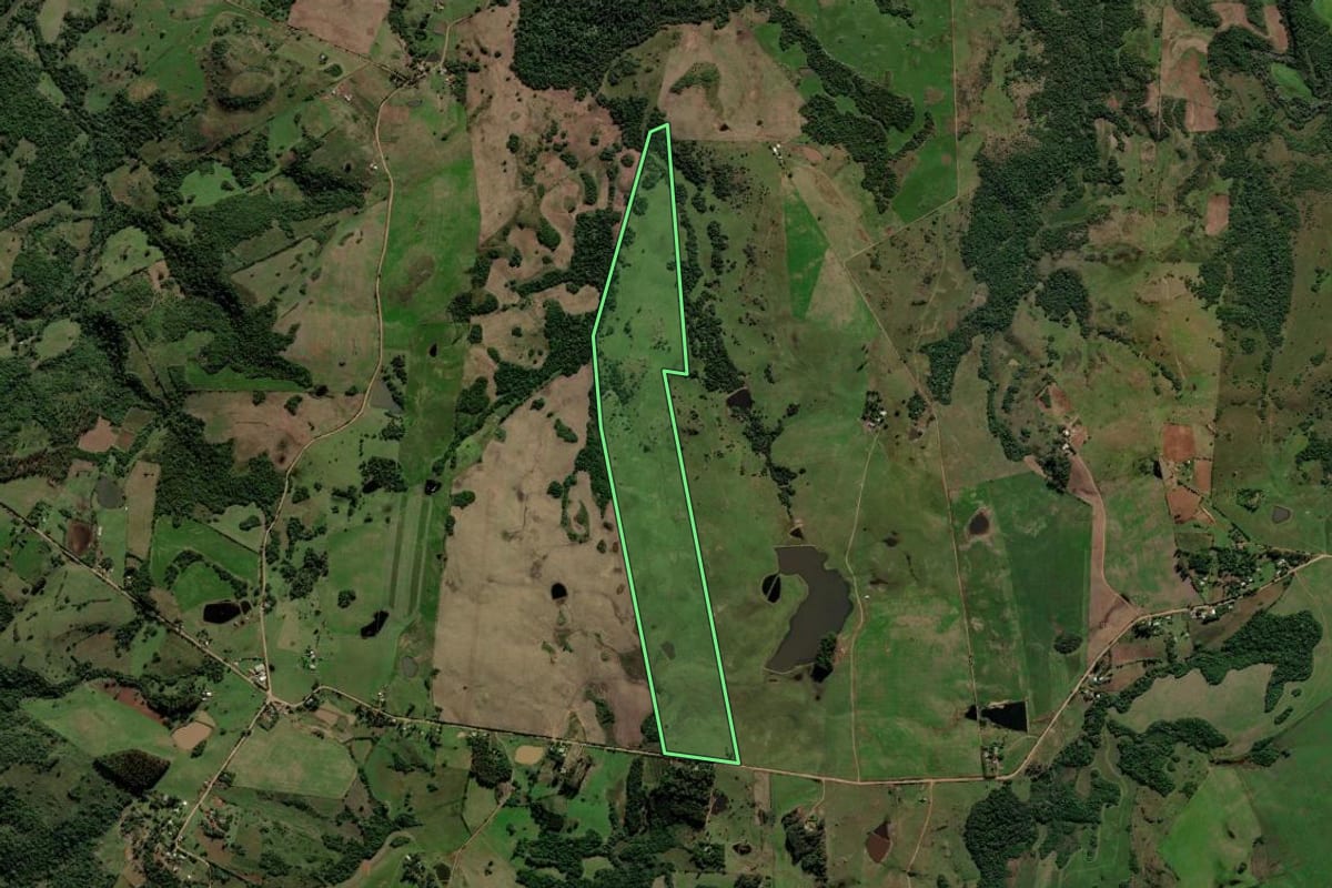 Imagem de satélite do imóvel rural em Jari (RS), com o contorno declarado no CAR desenhado por cima.