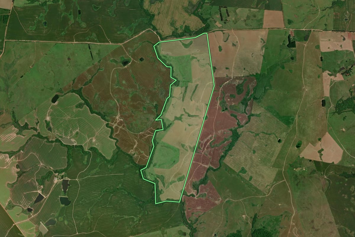 Imagem de satélite do imóvel rural em Jari (RS), com o contorno declarado no CAR desenhado por cima.