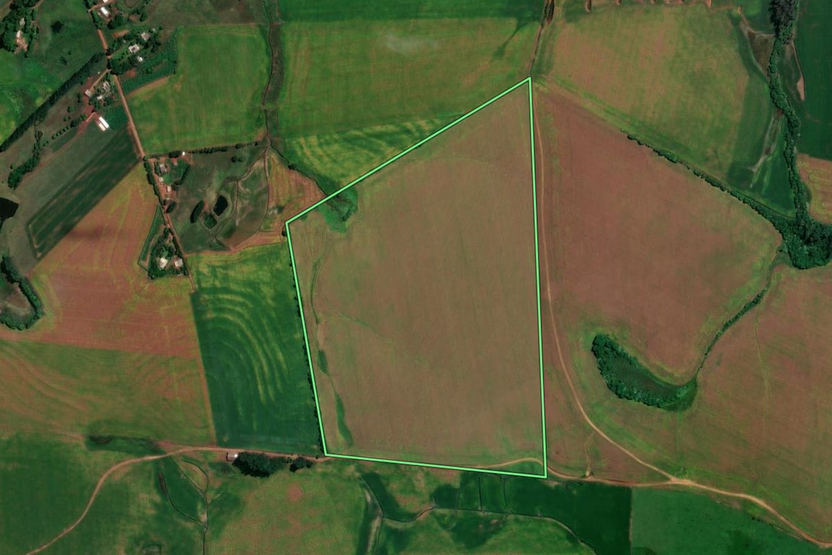 Imagem de satélite do imóvel rural em Jóia (RS), com o contorno declarado no CAR desenhado por cima.