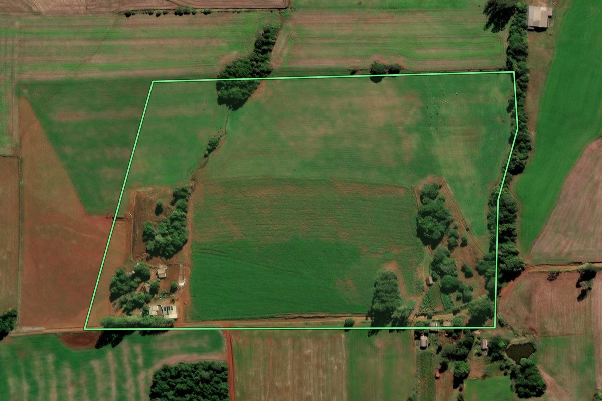 Imagem de satélite do imóvel rural em Jóia (RS), com o contorno declarado no CAR desenhado por cima.