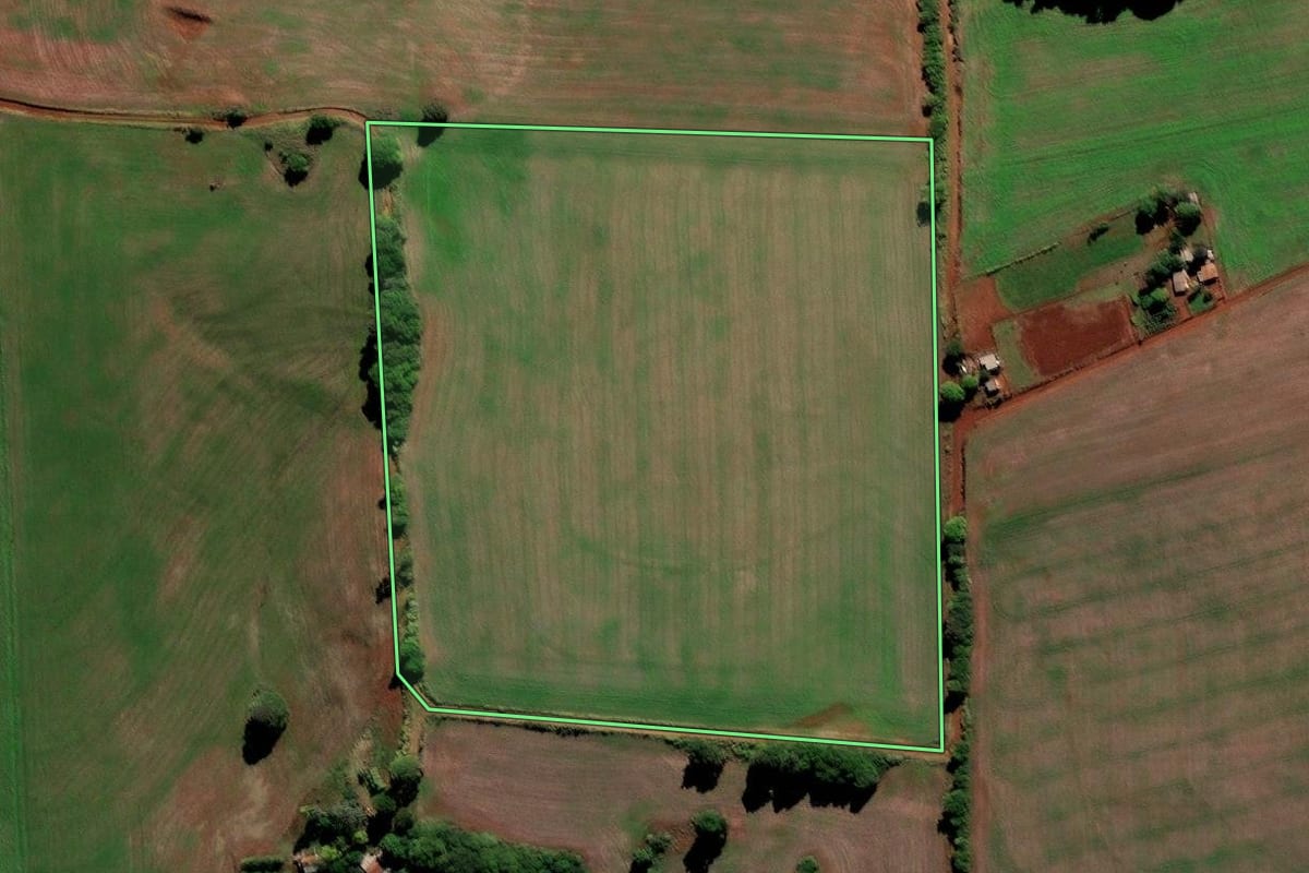 Imagem de satélite do imóvel rural em Jóia (RS), com o contorno declarado no CAR desenhado por cima.