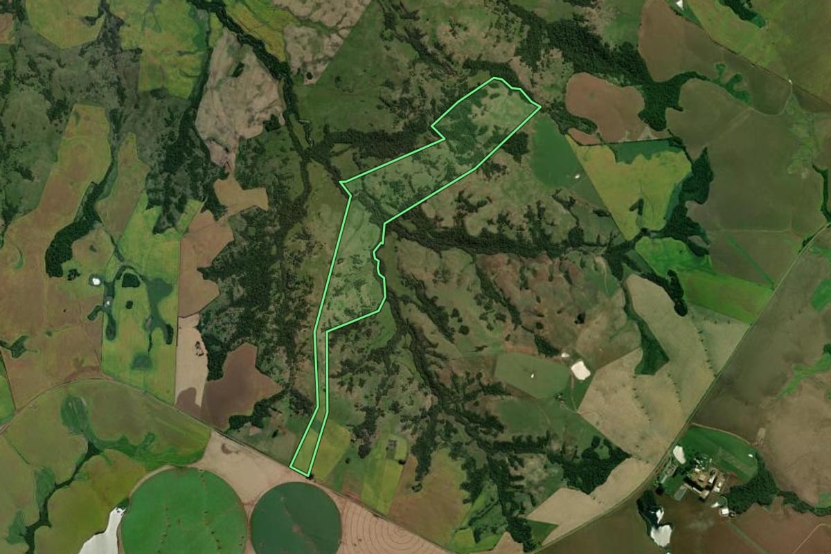 Imagem de satélite do imóvel rural em Jóia (RS), com o contorno declarado no CAR desenhado por cima.