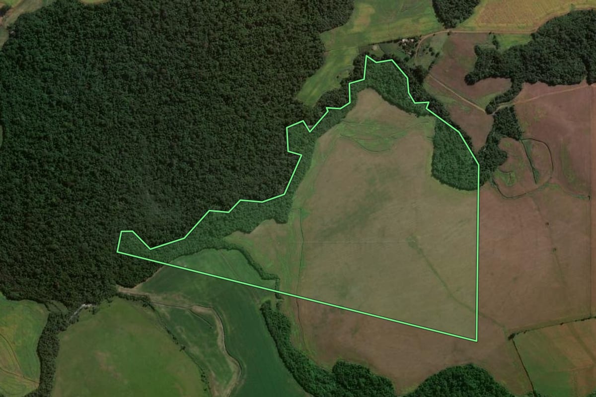 Imagem de satélite do imóvel rural em Jóia (RS), com o contorno declarado no CAR desenhado por cima.