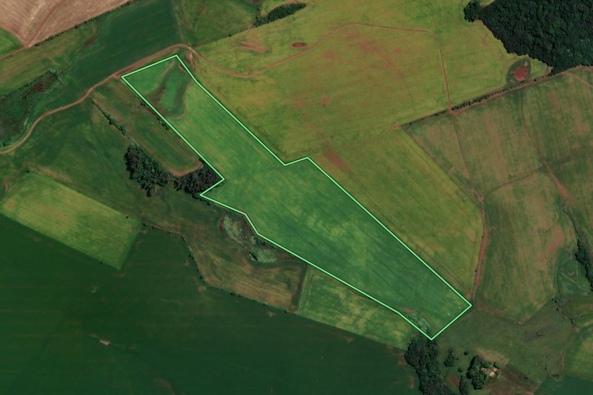 Imagem de satélite do imóvel rural em Jóia (RS), com o contorno declarado no CAR desenhado por cima.