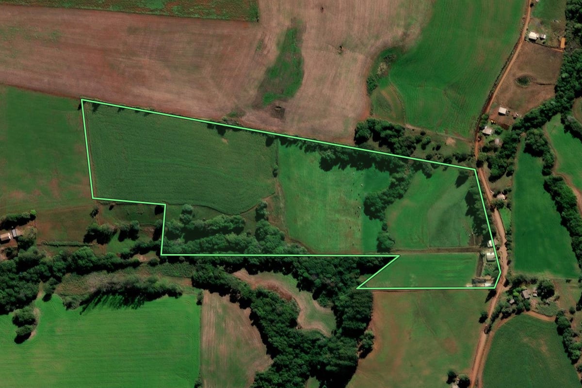 Imagem de satélite do imóvel rural em Jóia (RS), com o contorno declarado no CAR desenhado por cima.