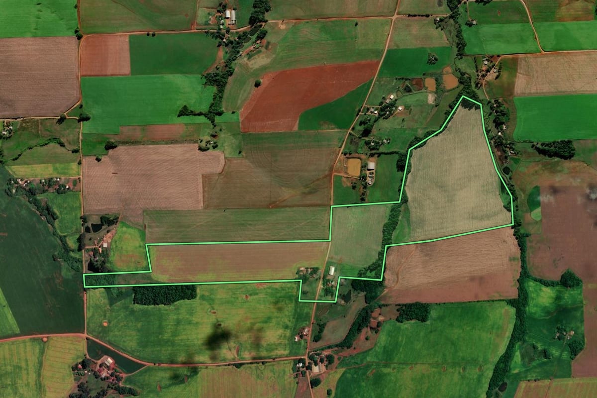Imagem de satélite do imóvel rural em Jóia (RS), com o contorno declarado no CAR desenhado por cima.