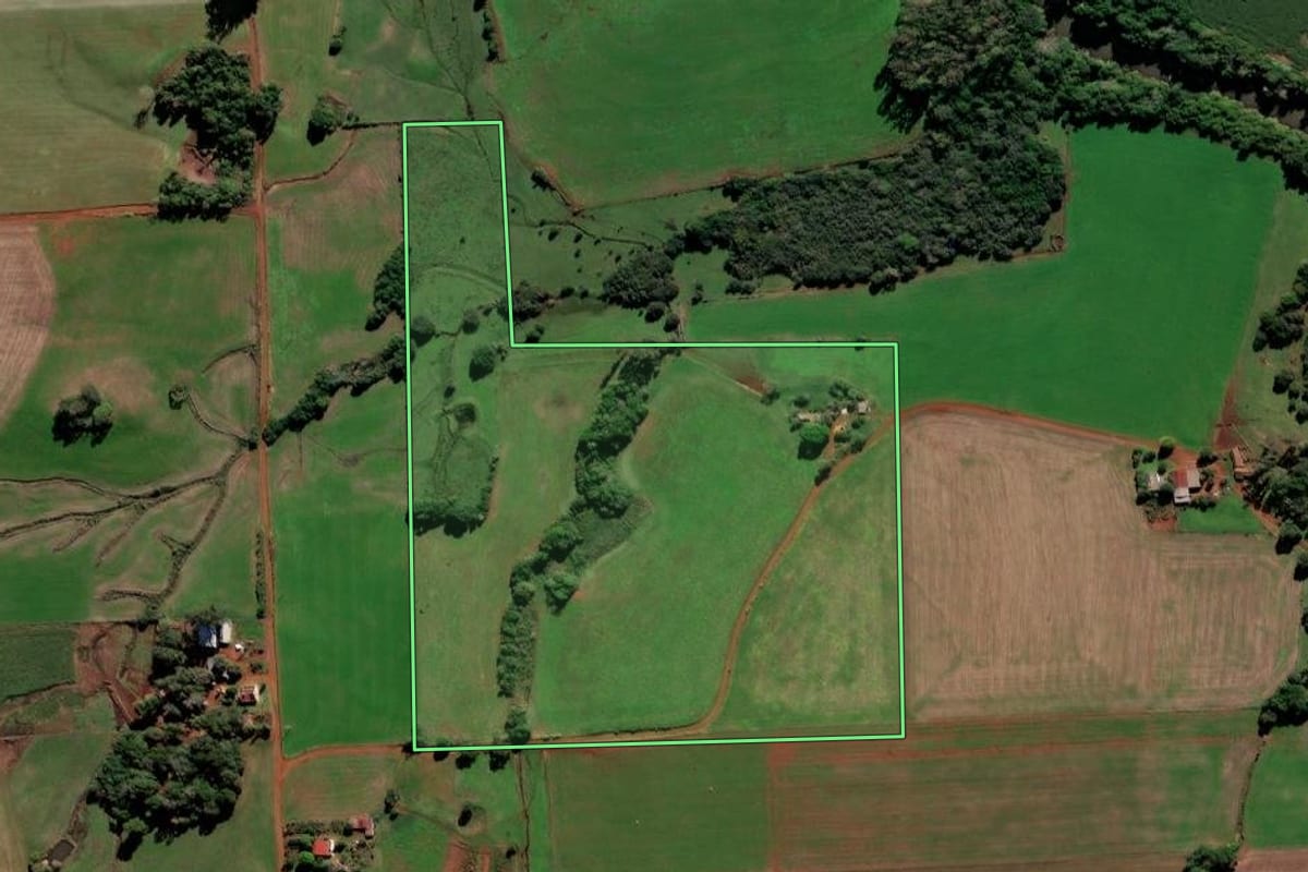 Imagem de satélite do imóvel rural em Jóia (RS), com o contorno declarado no CAR desenhado por cima.
