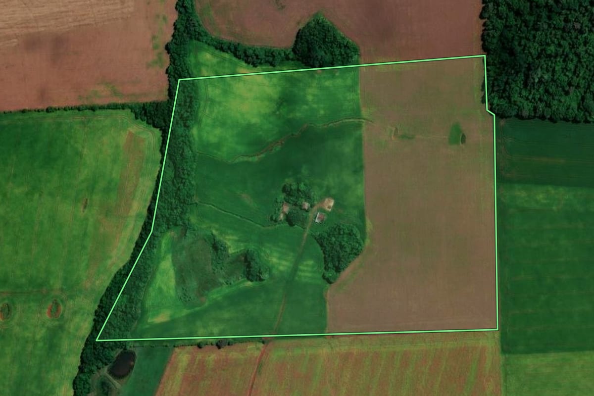 Imagem de satélite do imóvel rural em Jóia (RS), com o contorno declarado no CAR desenhado por cima.