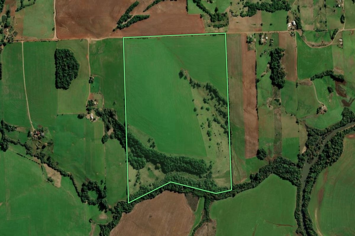 Imagem de satélite do imóvel rural em Jóia (RS), com o contorno declarado no CAR desenhado por cima.