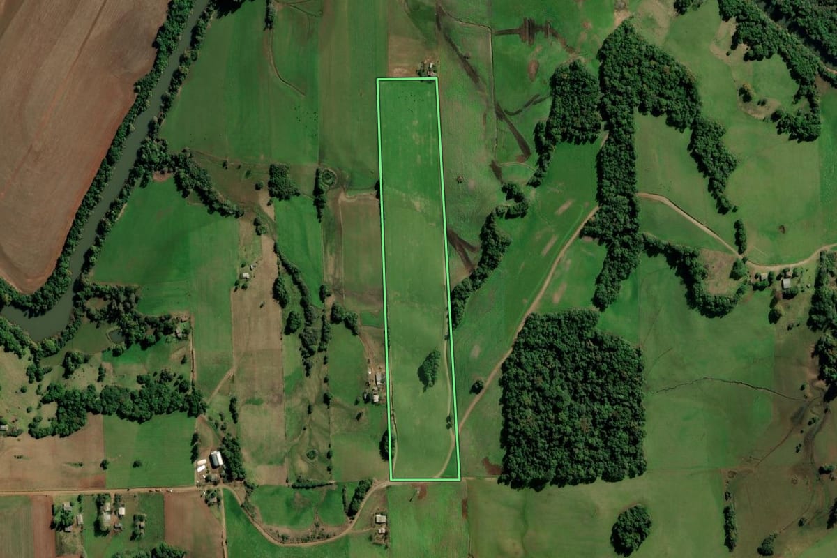 Imagem de satélite do imóvel rural em Jóia (RS), com o contorno declarado no CAR desenhado por cima.