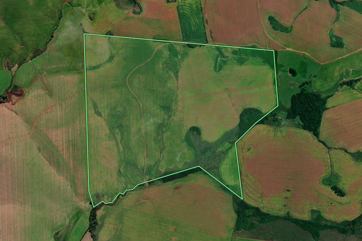 Imagem de satélite do imóvel rural em Jóia (RS), com o contorno declarado no CAR desenhado por cima.