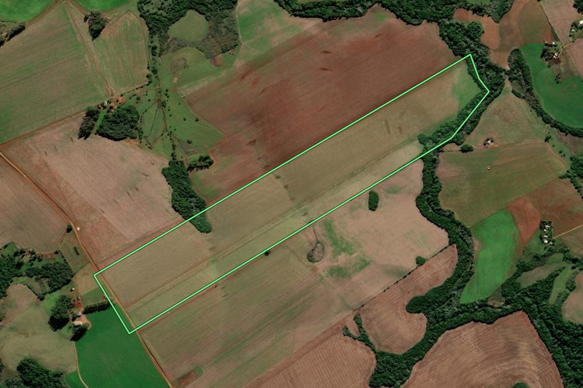 Imagem de satélite do imóvel rural em Jóia (RS), com o contorno declarado no CAR desenhado por cima.