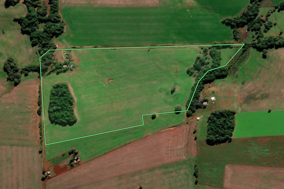 Imagem de satélite do imóvel rural em Jóia (RS), com o contorno declarado no CAR desenhado por cima.