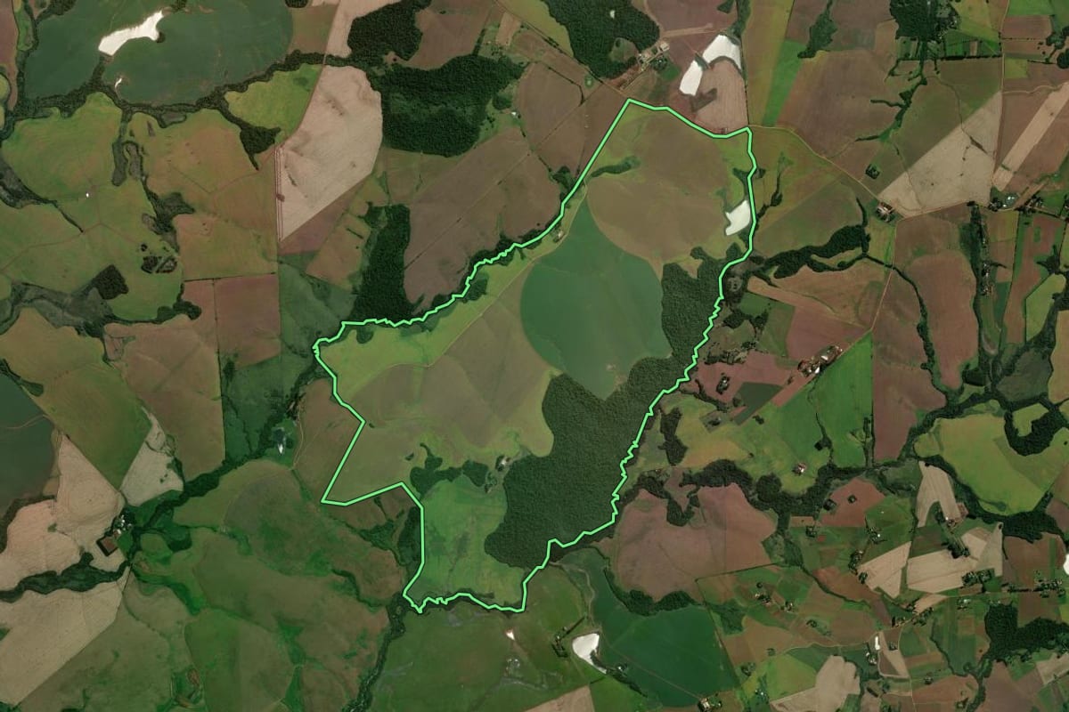 Imagem de satélite do imóvel rural em Jóia (RS), com o contorno declarado no CAR desenhado por cima.