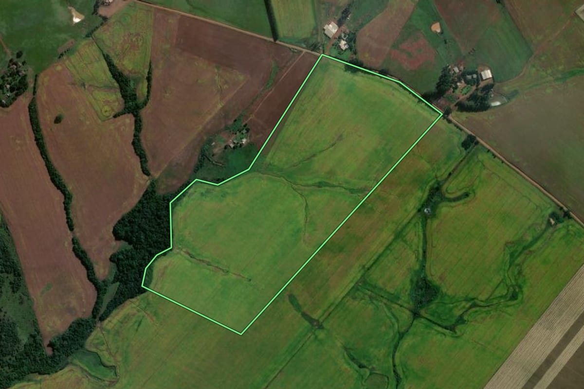 Imagem de satélite do imóvel rural em Jóia (RS), com o contorno declarado no CAR desenhado por cima.