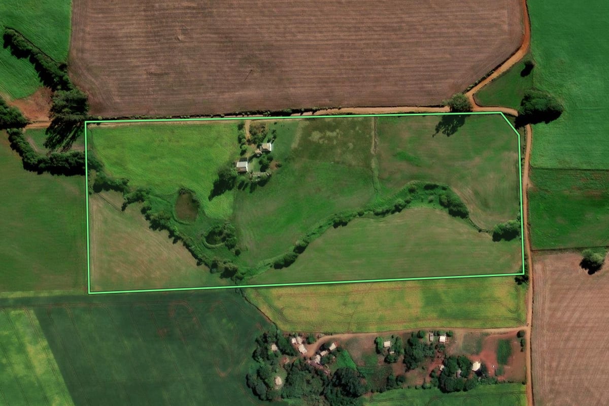 Imagem de satélite do imóvel rural em Jóia (RS), com o contorno declarado no CAR desenhado por cima.