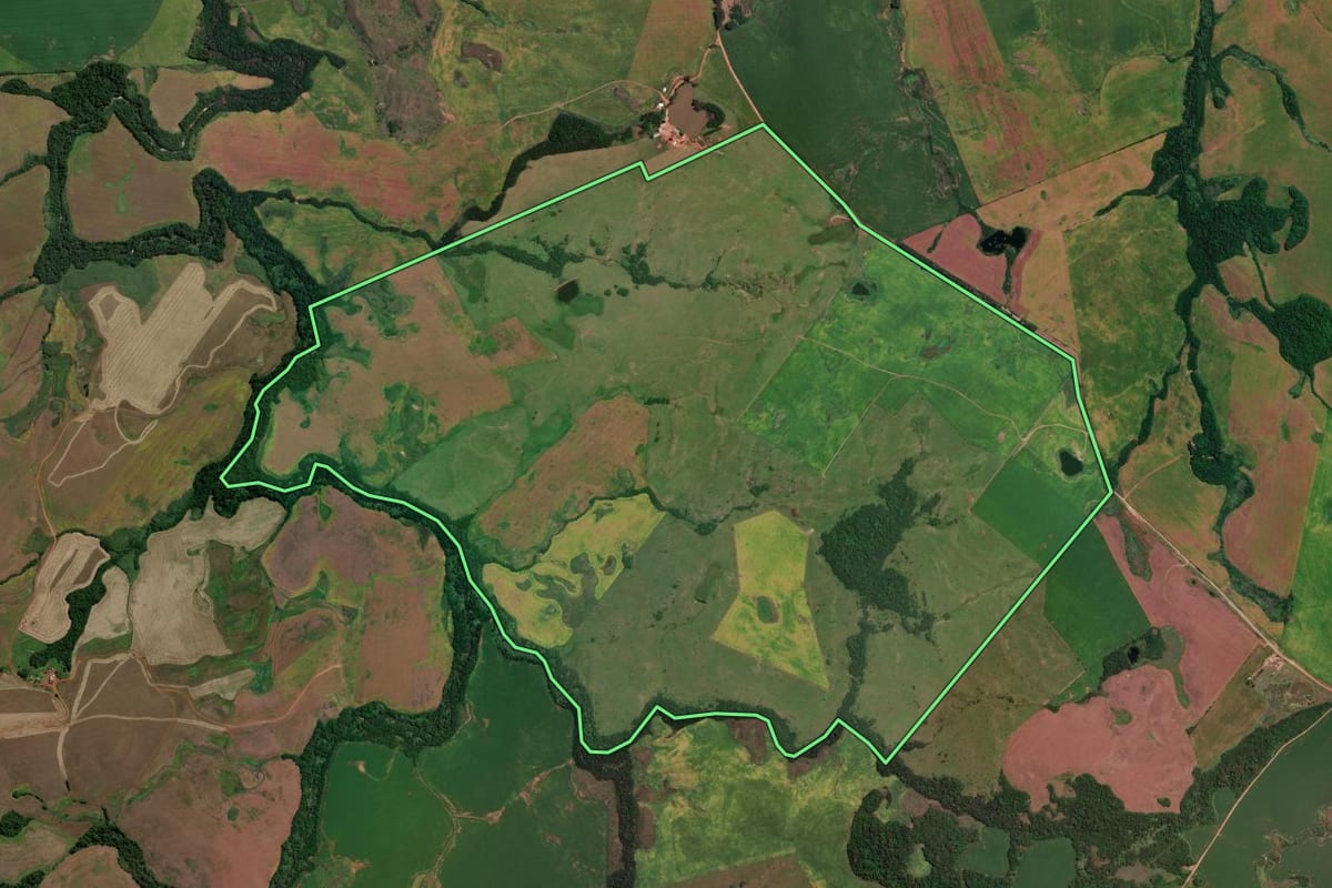 Imagem de satélite do imóvel rural em Jóia (RS), com o contorno declarado no CAR desenhado por cima.